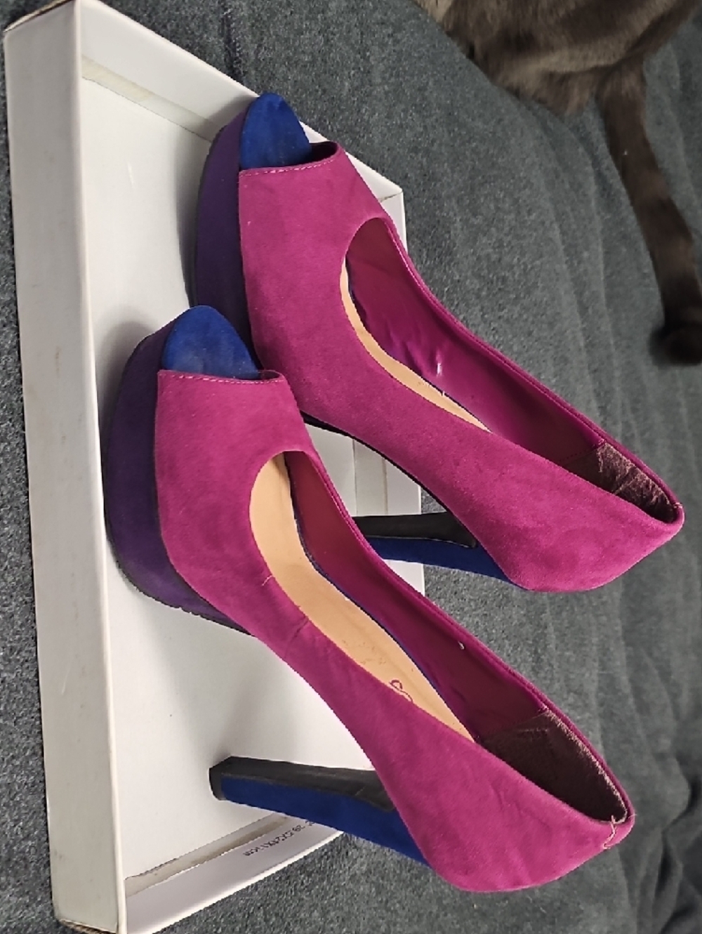 Candie's Fuchsia Open-Toe Pumps with Blue Accents - Picture 4 of 11